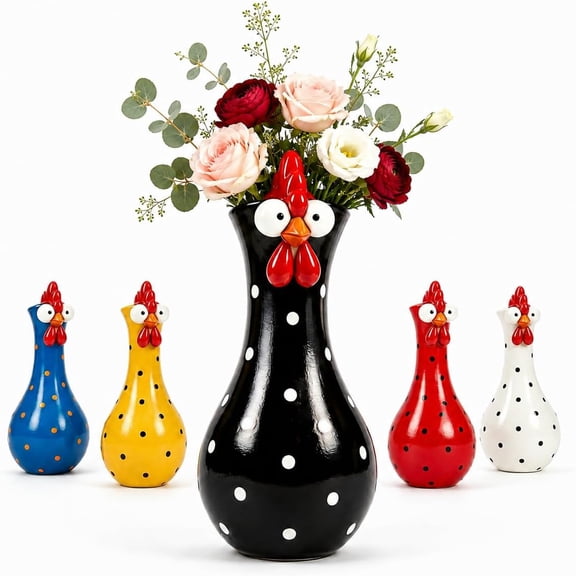 Cheeky Chicken Vase for Flowers, Chicken Vase, Rooster Vase, Resin Farmhouse Decor, Long Neck Colorful Vase, White, Black