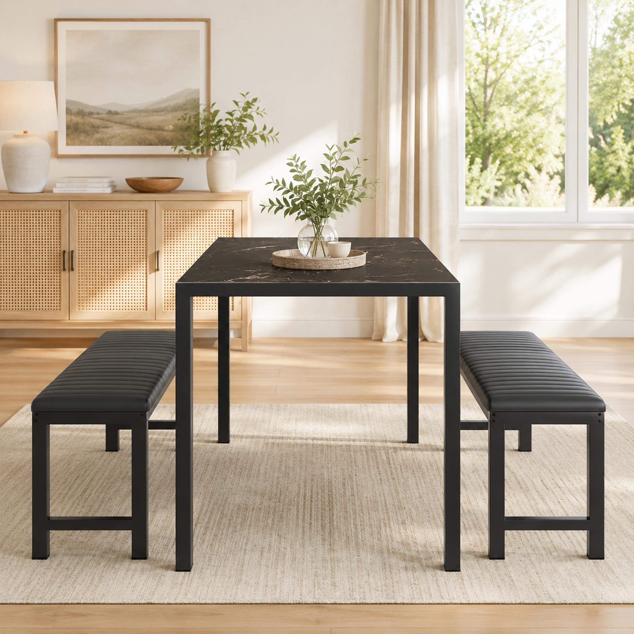 PORKISS 3 Piece Dining Table Set for 4, Kitchen Table Set with 2 PU Leather Benches, Dining Room Table Set with Metal Frame, Space Saving Breakfast Nook Table Set for Small Spaces, Apartment, Brown