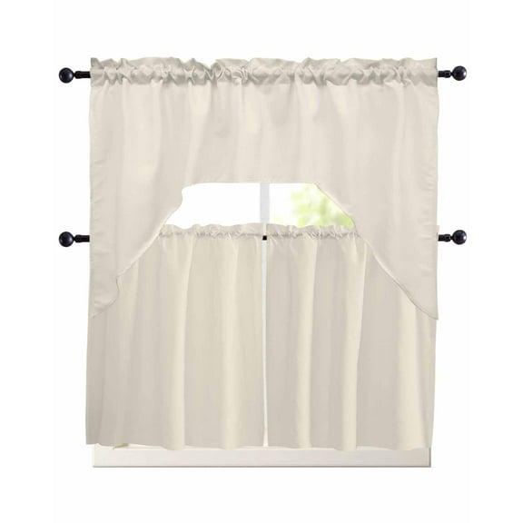 Cream Kitchen Curtains Sets 36 Inch Length with Valance, Modern Pure Beige Swag Valances and Tiers Curtain Set Drapes Swag Curtains for Living Room, Bathroom, Bedroom, Cafe