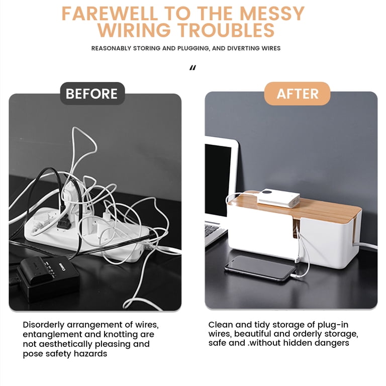 Baskiss Bamboo Cable Management Box - 12.6x5.4x4.4 Inch Cord Organizer For Desk & TV