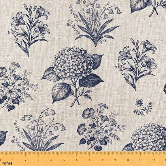 Erosebridal Navy Hydrangea Botanical Sketch Fabric by the Yard 1 Yard, Lily Of Valley Morning Glory Pattern Home Decor Fabric by the Yard