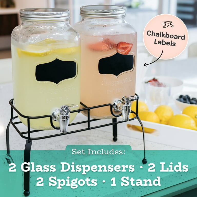 Estilo 1 Gallon Double Glass Mason Jar Dispenser on Metal Stand with Spigot  and Embossed Chalkboard and Chalk | Two Glass Pitchers with Spout