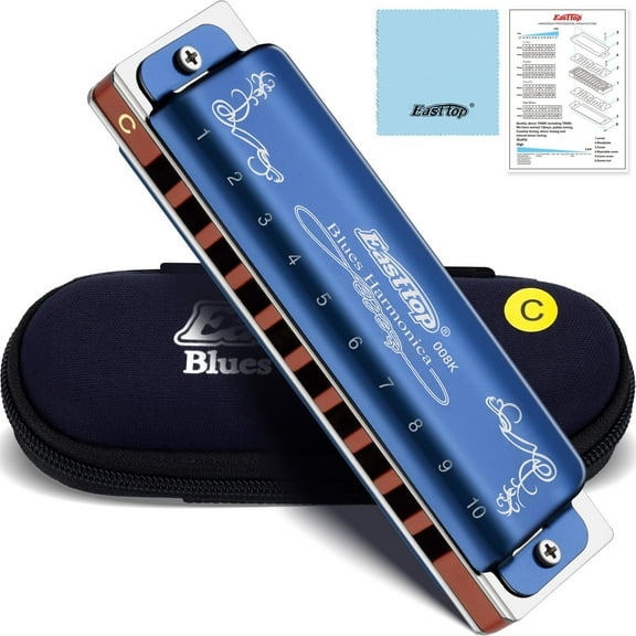 Diatonic Blues Harmonica Key of C, Harp Mouth Organ 10 Holes 20 Tones with Blue Case