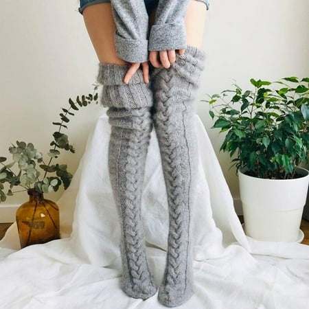 dianhelloya 1 Pair Women Winter Stockings Thickened Knitted Solid Color High Elasticity Anti-slip Over Knee Length Twist Warm Soft Skirt Boots Socks Winter Tights White
