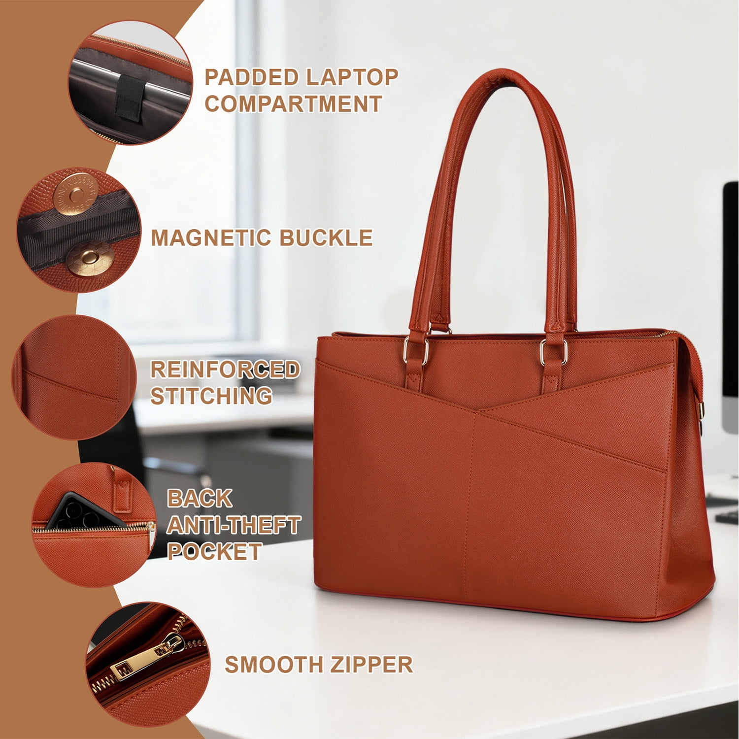 Cshidworld 15.6 Inch Waterproof Leather Laptop Bag for Women - Business Tote Briefcase for Work, Office & Travel - Brown