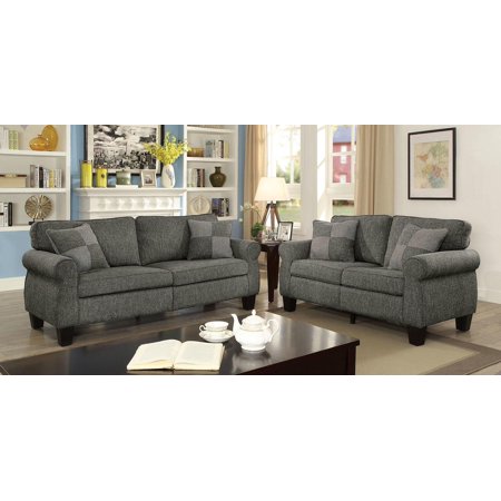 Transitional Dark Gray Linen-like Fabric Sofa and Loveseat FOA Rhian
