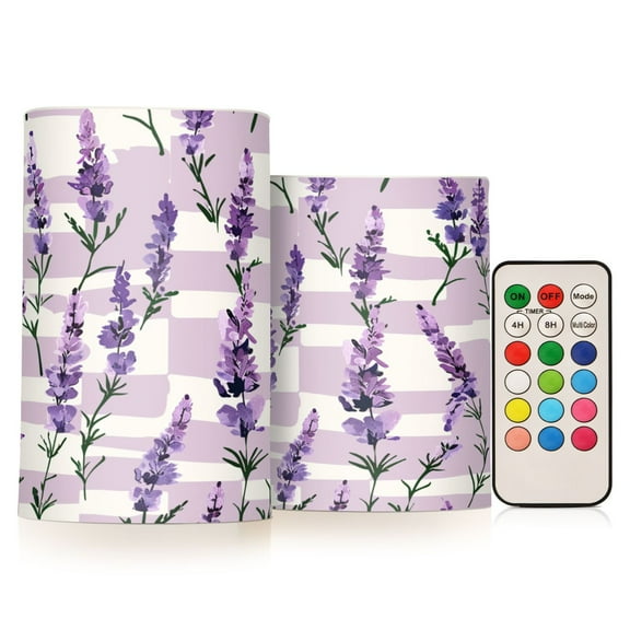 ALAZA Lavender Flowers 2 PCs LED Flickering Flameless Candles with Remote Timer Battery Operated Candle