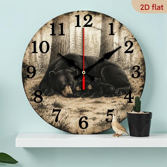 10 Inch Wooden Wall Clock with Bear Family Print, Rustic Pine Decorative Clock for Living Room or Gift (Batteries Not Included)