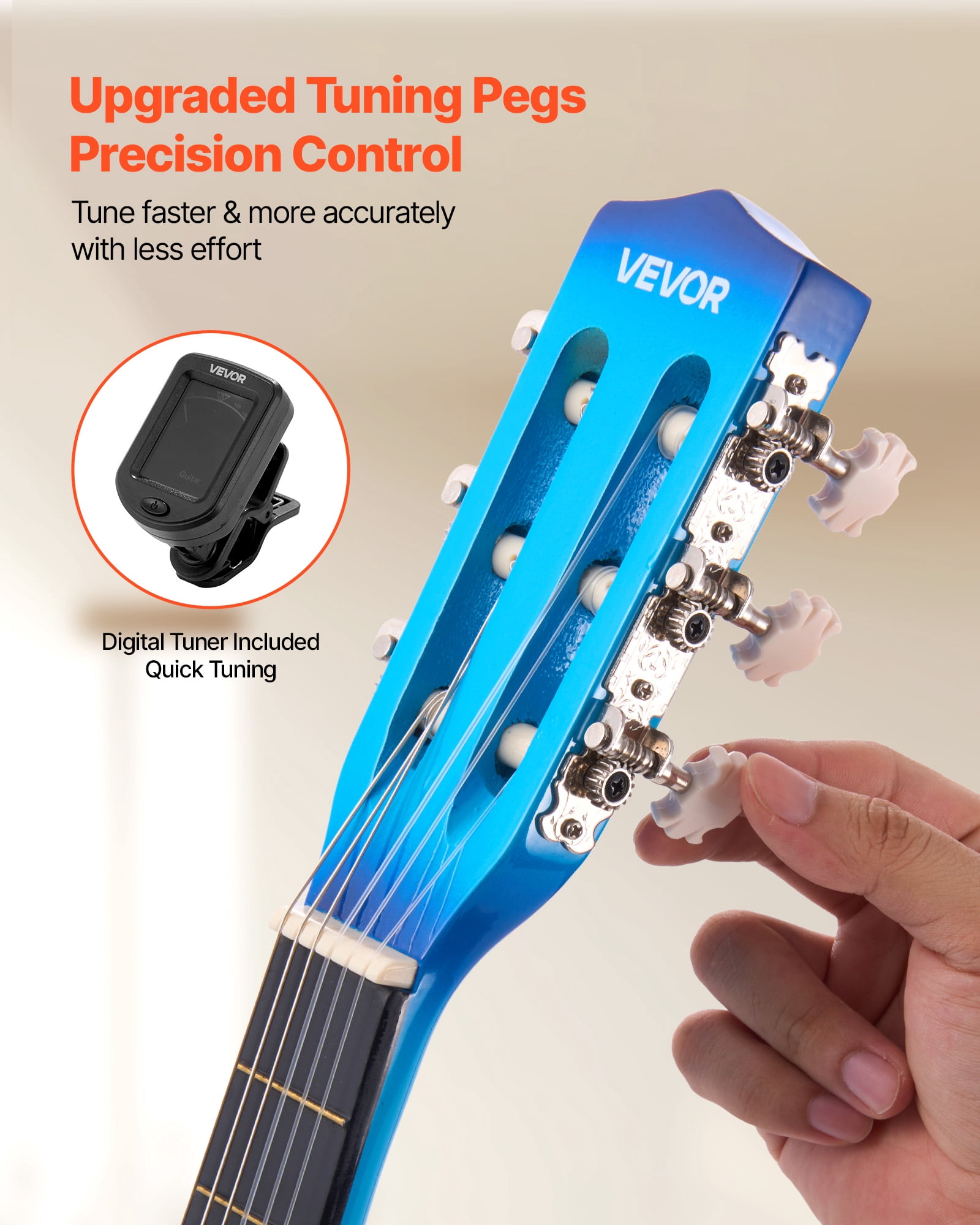 VEVOR 30in Classical Guitar, Wood Guitar Starter Kit for Beginners, with Nylon Strings, Gig Bag, Strap, Tuner, Extra Strings, Picks, Capo, Basswood, for Kids Girls Boys Students, Blue