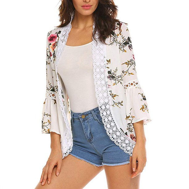 Softmallow Women's Tops Floral Loose Bell Sleeve Kimono Cardigan Lace  Patchwork Cover Up Blouse Top White M - Walmart.com