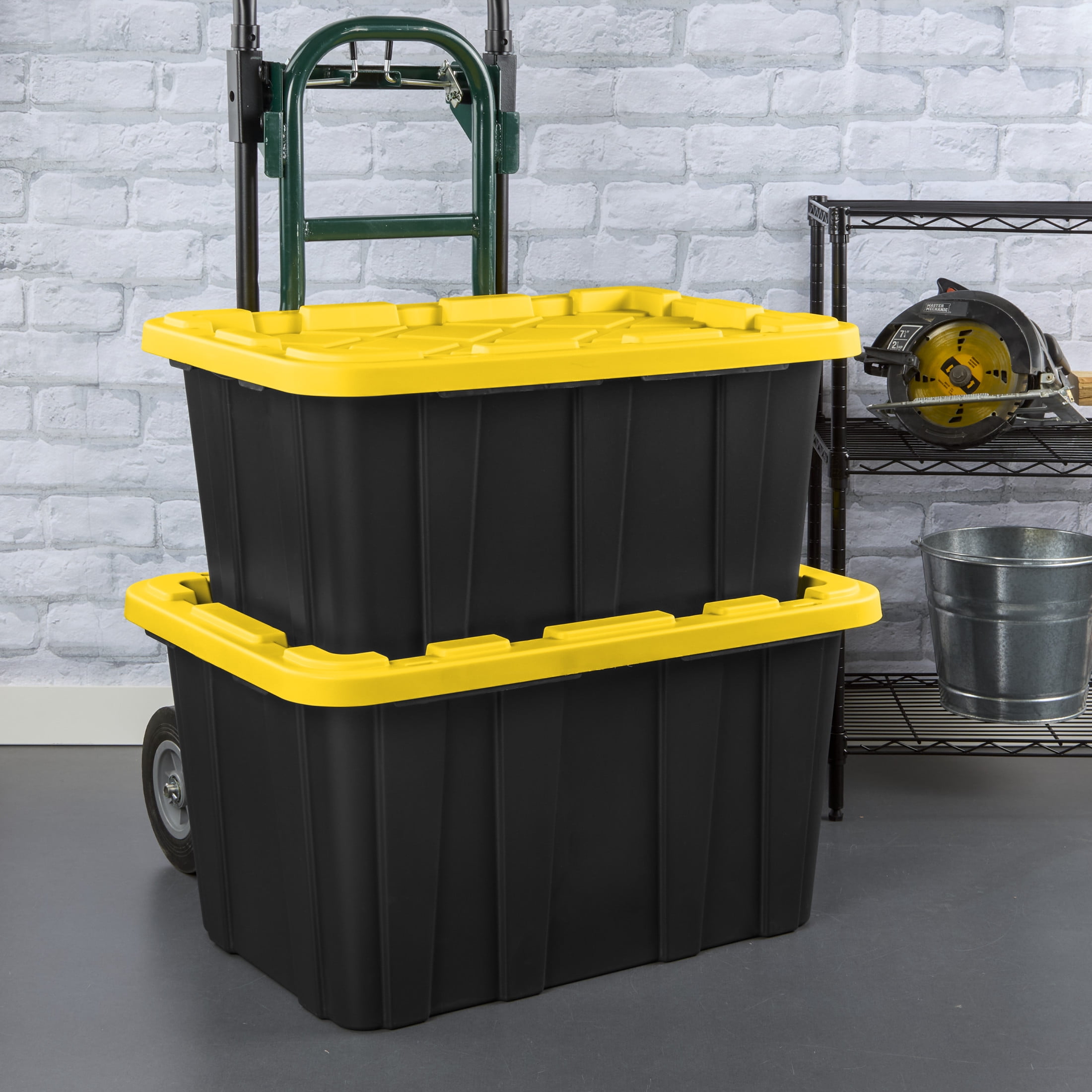 Sterilite Large Storage Bin, 27 Gallon Durable Plastic Storage Tote with Snap-On Lid, Black and Yellow, 6 Pack