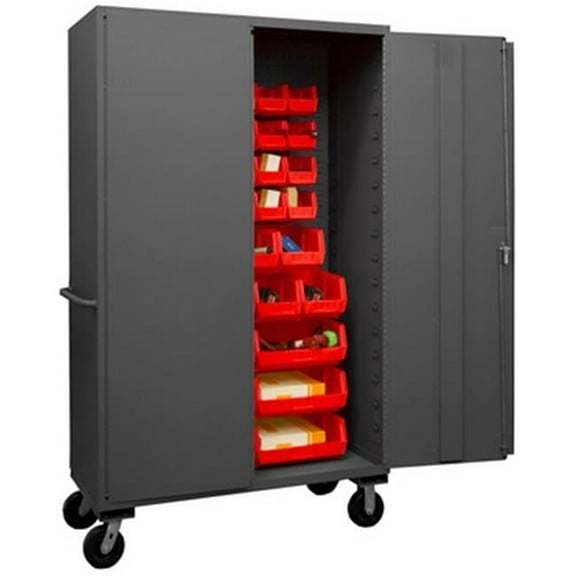 Durham 3502M-BLP-42-1795 14 Gauge Flush Door Style Lockable Mobile Cabinet with 42 Red Hook on Bins, Gray - 48 in.