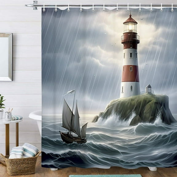 Lighthouse Shower Curtain, Sailboat with Dark Clouds and Waves in Rain Nautical Shower Curtain, Ocean Coast Lighthouse Fabric Shower Curtain Sets for Bathroom with 12PCS Hooks, 70X70IN