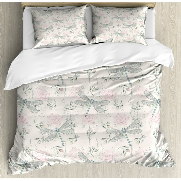 Dragonfly Queen Size Duvet Cover Set, Shabby Chic Roses Worn Old