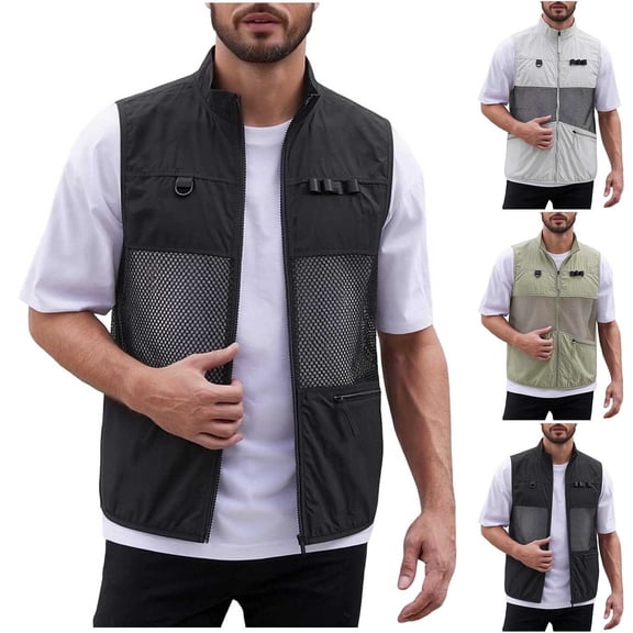 Men's Mesh Breathable Fishing Vest, Multi Pockets Photography Travel Hiking Waistcoat Full Zip Sleeveless Jacket for Adults Big and Tall Size M-3XL Khaki