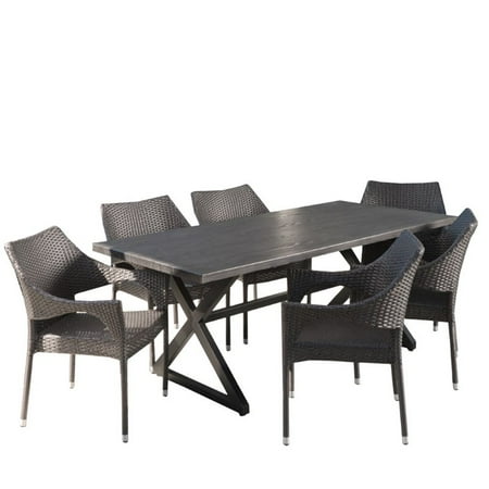 Noble House Grayson 7 Piece Outdoor Wicker Dining Set in Gray | Walmart