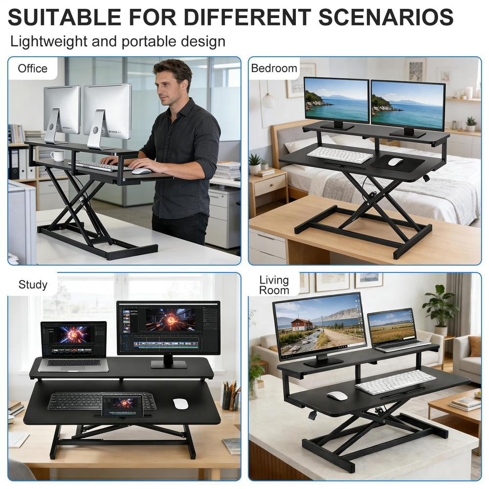 Standing Up Desk Converter 37" Height Adjustable Sit Stand Desk with Removable Keyboard Tray, Large Desk Riser Ergonomic Gas Spring Duals Monitor Workstation for Home Office