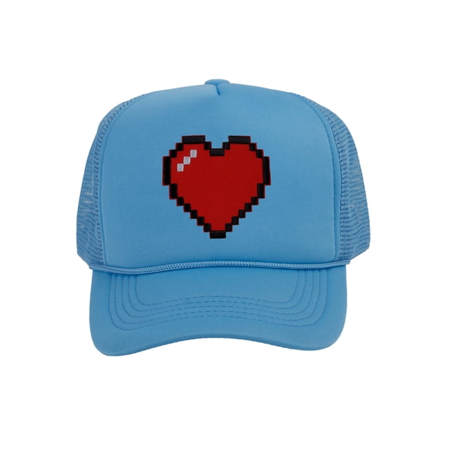 Men's 80's Retro Large 8 Bit Pixelated Heart Gamer Trucker Hat, Sky