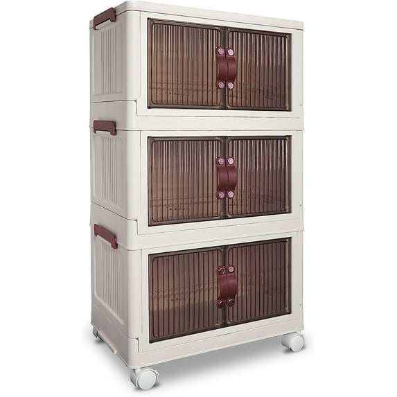 ZXNYH Collapsible Storage Bins, 3 Tier Stackable Storage Bins, 95 QT Storage Containers with Wheels, Plastic Storage Cabinet with Doors for Shoe Storage, Toy Storage, Pantry Organizer, Book Storage