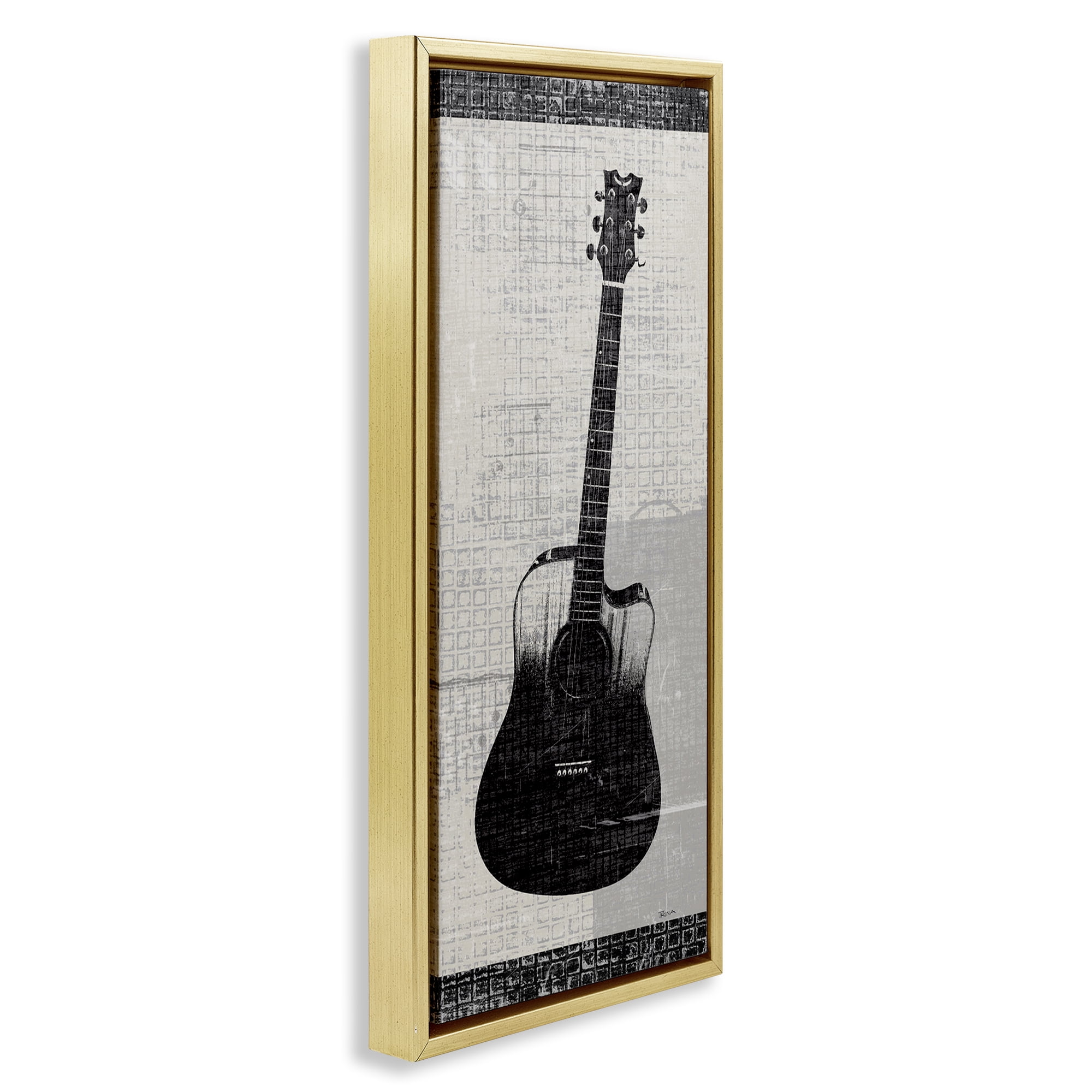 Stupell Industries Patterned Acoustic Guitar Performing Arts Painting Gold Floater Framed Art Print Wall Art, 11 x 25