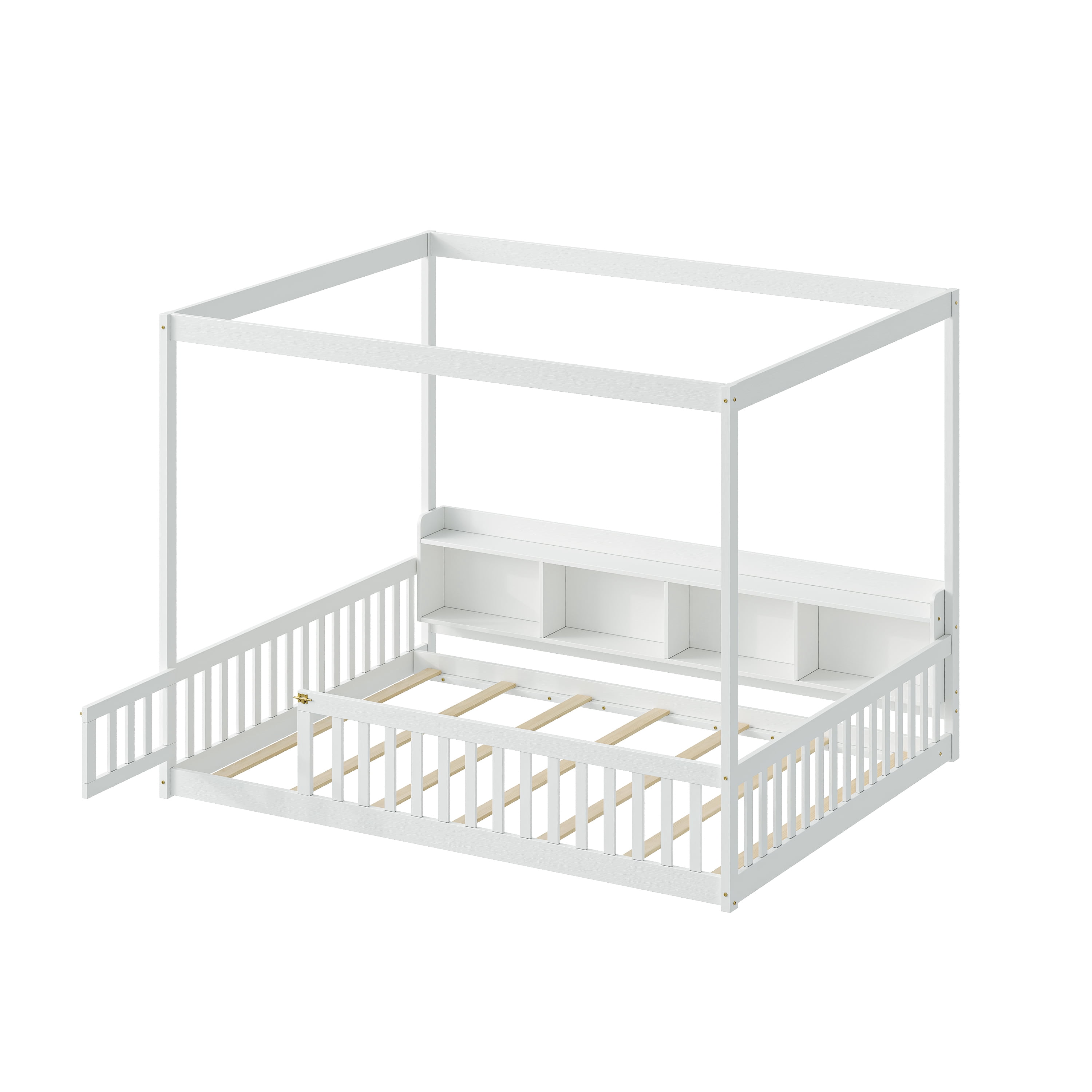 GARITIN Full Size Montessori Floor Bed, Headboard with Open Storage Cubbies, 4-Sided Guardrails with Access Door, Dual-Use Bed for Sleeping & Playing, White