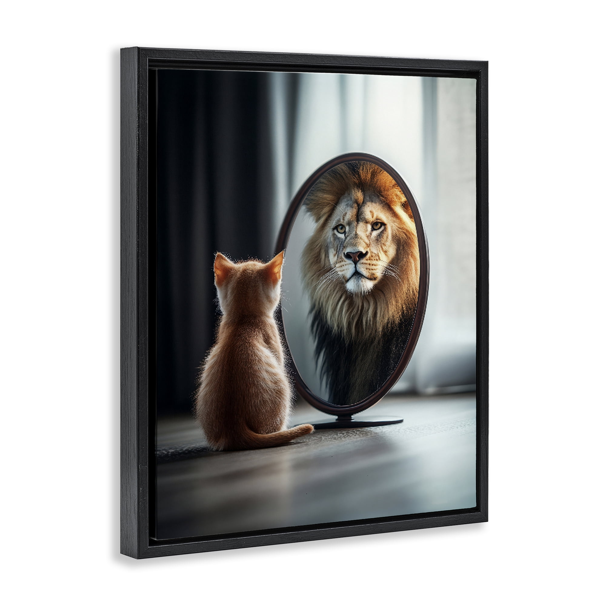 Stupell Industries Kitten Becomes Lion Illusion Black Framed Floater Canvas Wall Art, design by Scott Stulberg