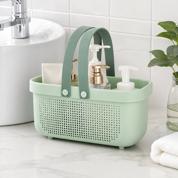 Plastic Storage Basket with Silicone Handle Portable Shower Caddy for Bathroom Kitchen Dorm Green