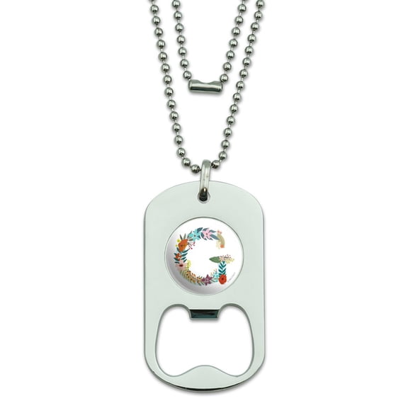 Letter G Floral Monogram Initial Military Dog Tag Bottle Opener Pendant