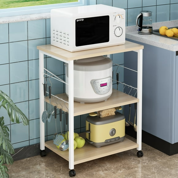 Ktaxon 3 Shelf Mobile Kitchen Serving Cart Multifunction Baker's Rack Microwave Oven Stand Shelf Cart on Wheels with 10 Hooks, Easy Assembly, Light Beige/White