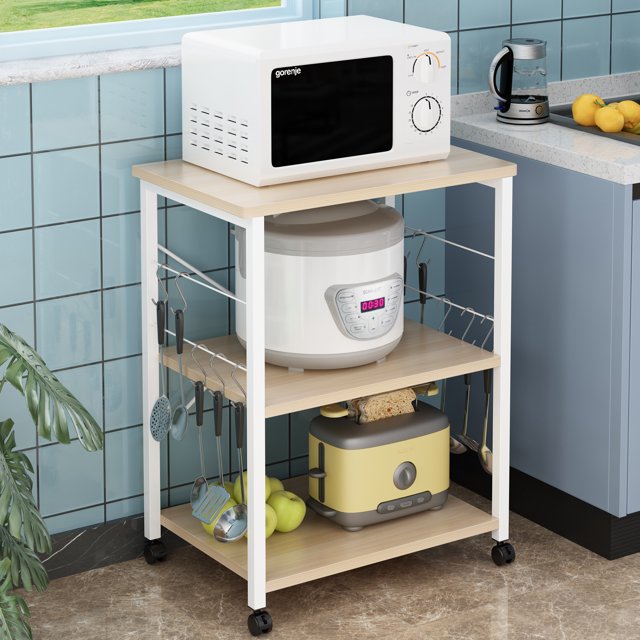 Ktaxon 3 Shelf Mobile Kitchen Serving Cart Multifunction Baker's Rack Microwave Oven Stand Shelf Cart on Wheels with 10 Hooks, Easy Assembly, Light Beige/White