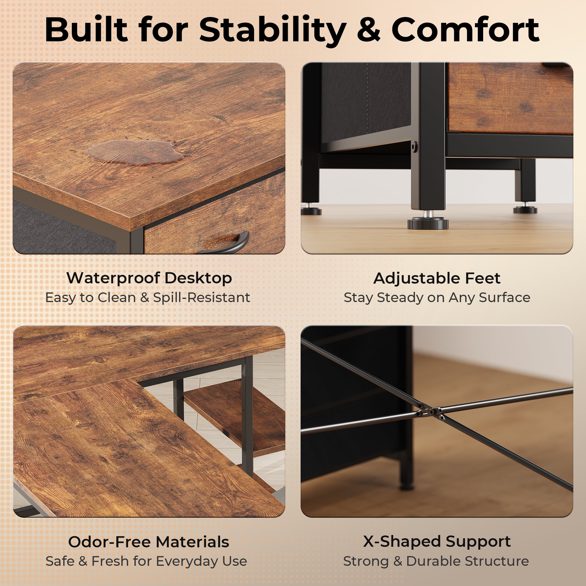 63 Inch L-Shaped Desk with Fabric Drawers, Reversible Home Office & Gaming Desk with Power Outlets, USB-C, and Adjustable Storage Shelves