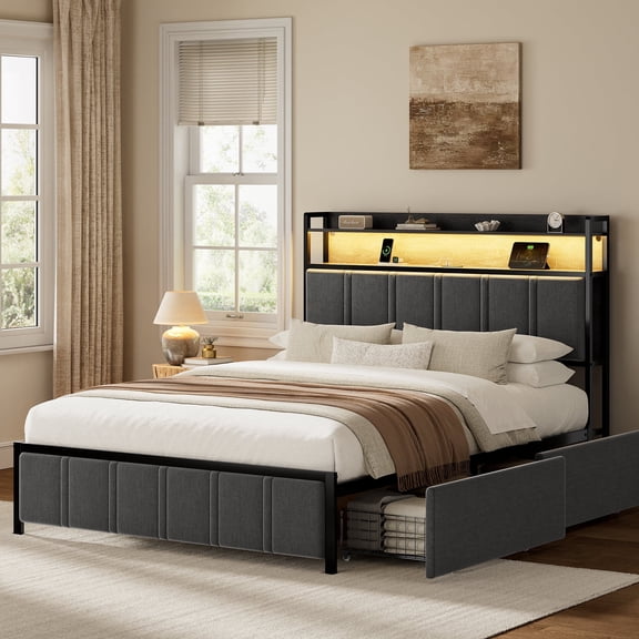 GUNAITO Queen Bed Frame with Storage Headboard, 2 Drawers Platform Upholstered LED Bed Frame with USB Ports & Outlets Gray
