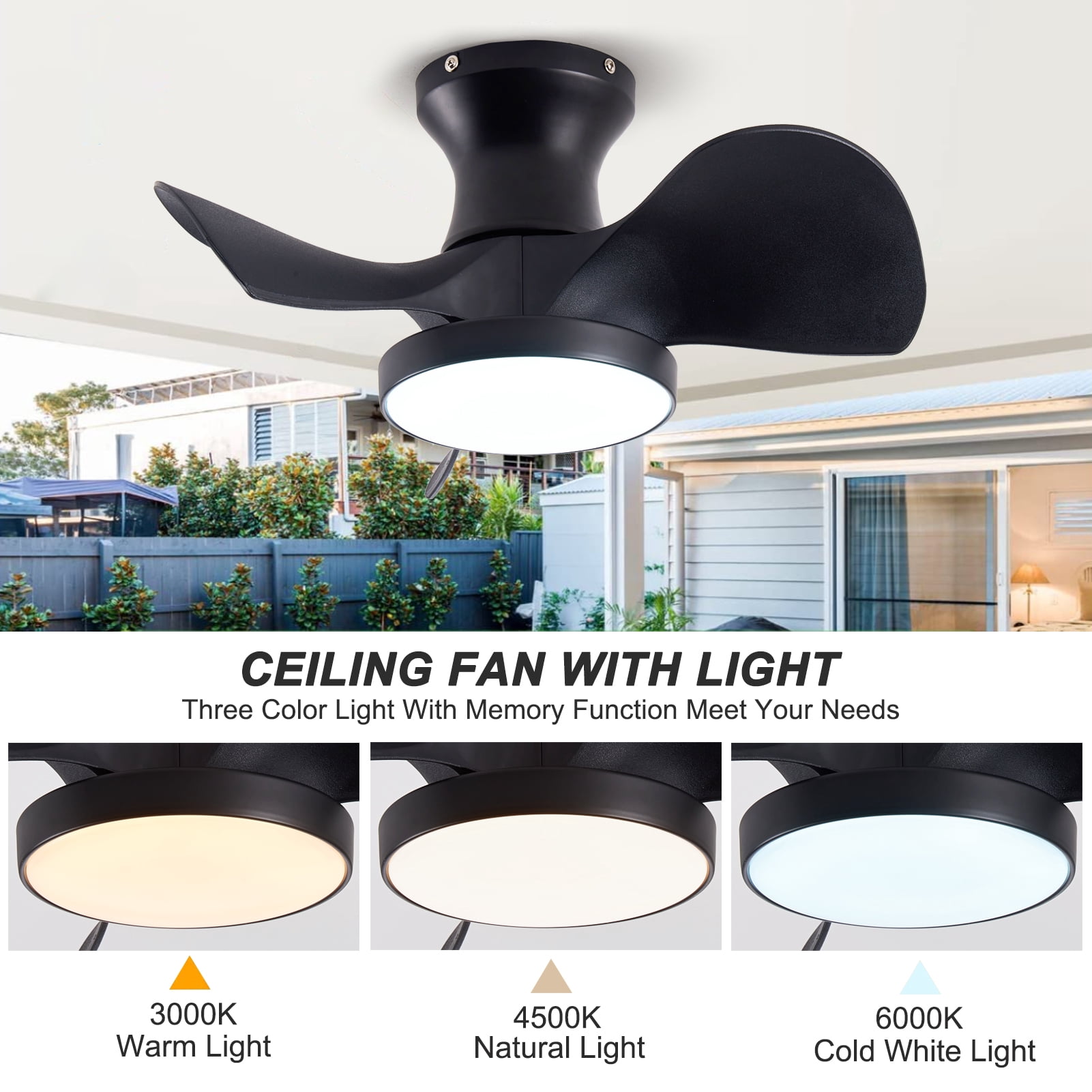 Matte Black ABS Ceiling Fan with 3-Color LED Light & Remote Control, Reversible DC Motor, Powerful Quiet Small Space Ceiling Fan for Kitchen, Bedroom, Dining Room, Toilet & Patio