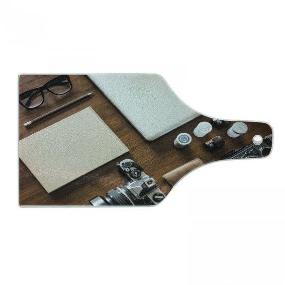 Indie Cutting Board, Professional Set up for Photographers Designers Work Place Equipment on Table, Tempered Glass Cutting and Serving Board, Wine Bottle Shape, Brown Beige Black, by Ambesonne