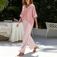 thumbnail image 7 of Maqroz Women 2 Piece Outfits Sets Summer Striped Print Short Sleeve V Neck Top and Striped Pants Set Elastic Waist Pockets Casual Vacation Sets Pink XXXL, 7 of 7