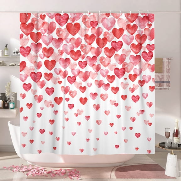 Valentines Day Shower Curtain, Watercolor Red Hearts with Falling Hearts Shower Curtain for Bathroom, Fabric Bathroom Accessories Set with Hooks, 70X70IN