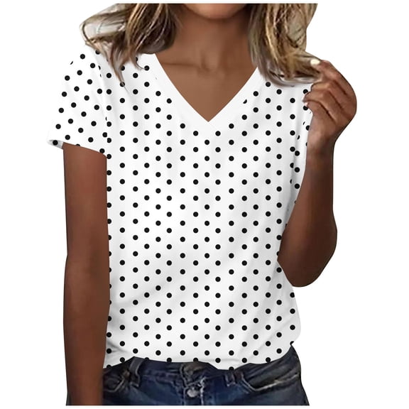 zbxnLI Women's V Neck T Shirt Top Summer Fashion Polka Dot Print Short Sleeve Casual Loose Tee Tops for Women