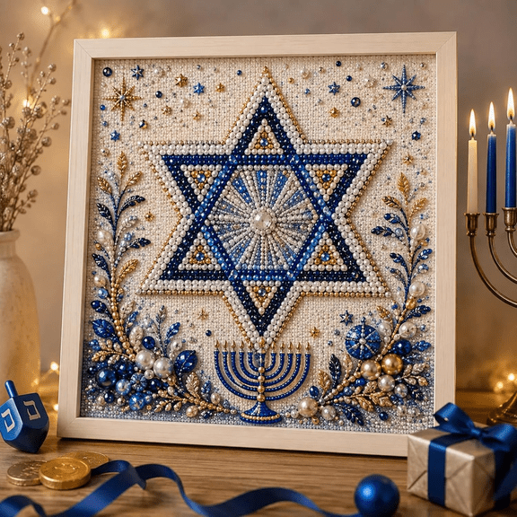 DIY Hanukkah Pearl Art Kit, Chanukah Themed Diamond Painting Craft Set, Pre Printed Canvas and Pearl Beads Art Kit for Handmade Wall Decor During Festival of Lights A