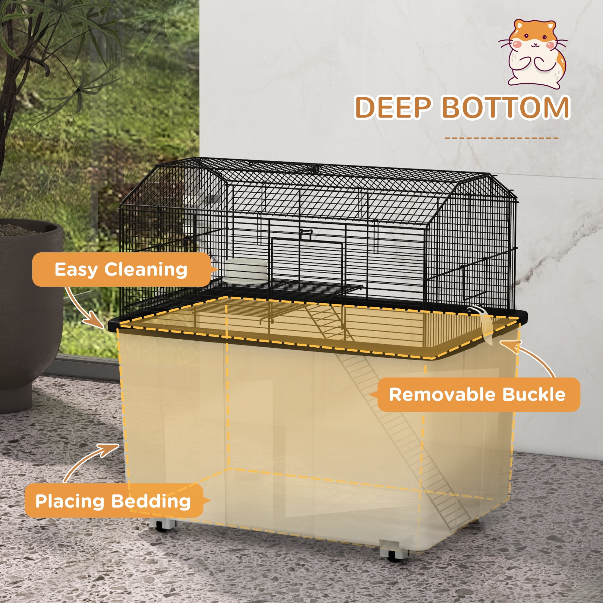 PawHut 22" 2-Tier Hamster Cage with Extra-Deep 14" Base, Small Animal Cage with Ramp, Water Bottle, Food Dish, Wheels, Black