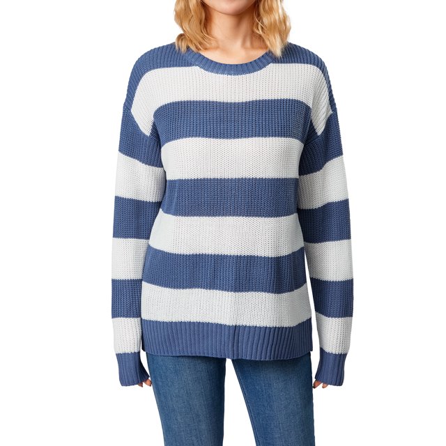 xiaxaixu Chandail Mode Femme Sauvage à Rayures Contrastées Col Rond Manches Longues Tricoté Automne Hiver Ample Décontracté