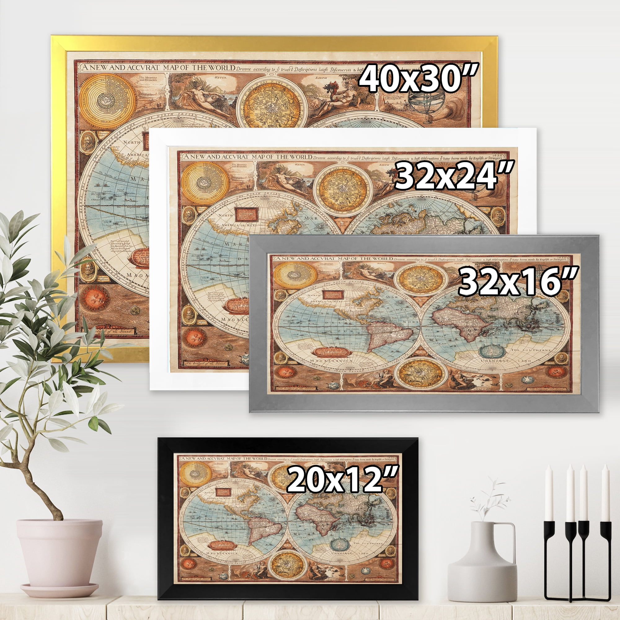 Designart 'Vintage Map of The World VIII' Vintage Framed Art Print