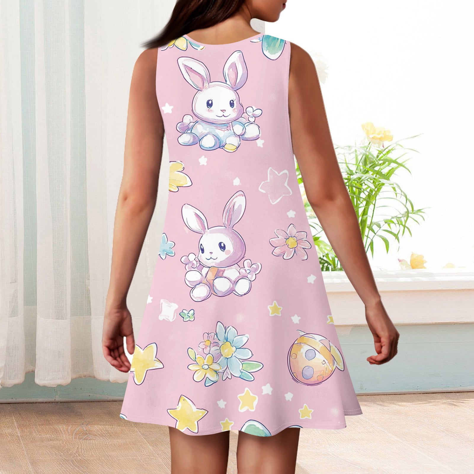 HAJWOH Easter Dresses for Girls Cartoon Bunny Print Sleeveless Spring Summer Dress Funny Crew Neck Midi Dress Casual Comfortable A-Line Dress Pink 7-8 Years