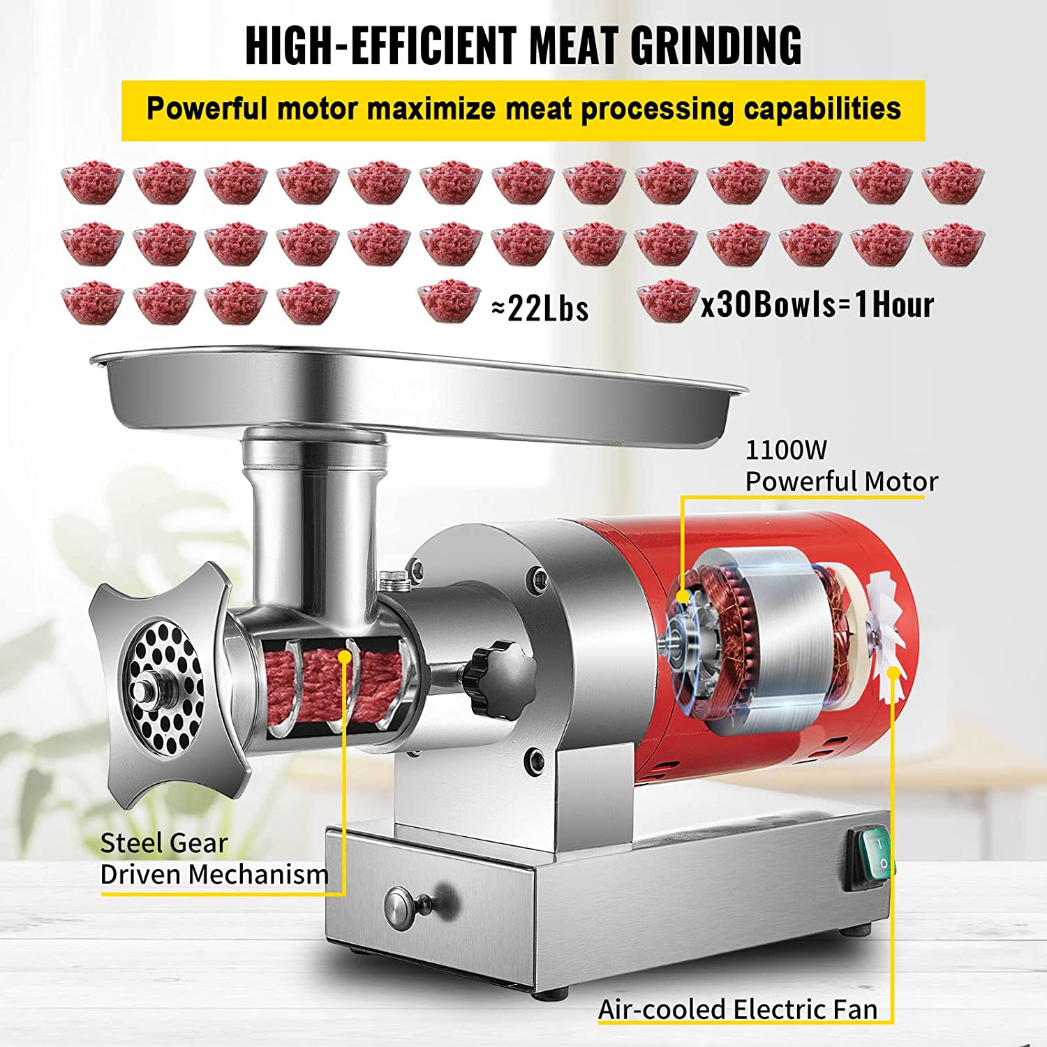 VEVORbrand Electric Meat Grinder 661lbs/hour 800W, Meat Grinder Machine 1.5 HP,Electric Meat Mincer with 2 Grinding Plates, Sausage Kit Set Meat Grinder Heavy Duty