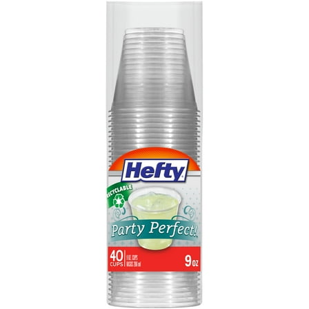 Hefty Party Perfect Clear BDF32 Plastic Cups, Small Clear Cups for Parties, Wedding Receptions, Birthday Parties, Office Gatherings, and More, Recyclable, 9 Ounce, 40 Count