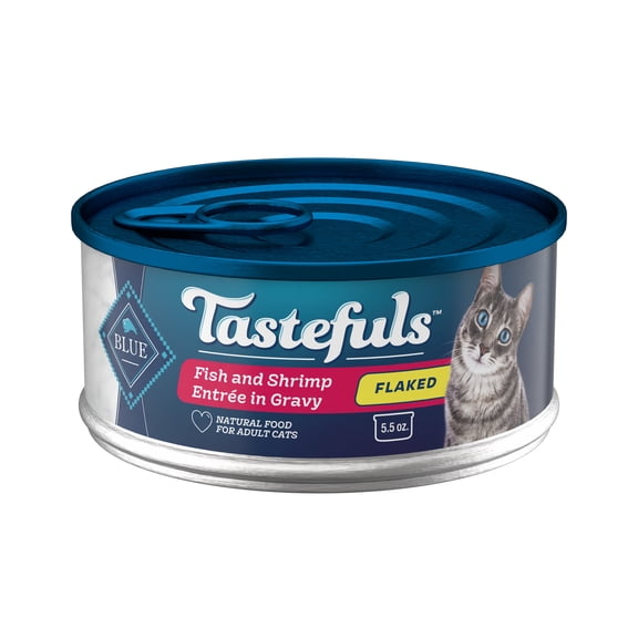 Blue Buffalo Tastefuls Flaked Wet Cat Food, Made with Natural Ingredients | Fish and Shrimp Entrée in Gravy, 5.5 oz. Can