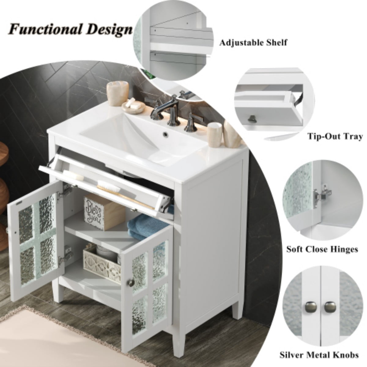 30" Bathroom Vanity with Ceramic Sink, Freestanding Bathroom Vanity Cabinet with Adjustable Shelf, Tip-Out Tray, Soft Close Hinges, Solid Wood Legs, White