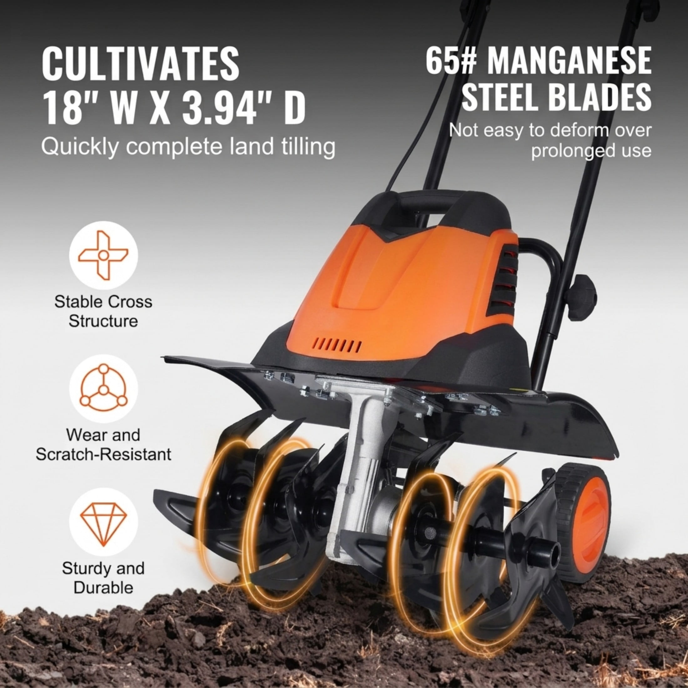 12 Amp Electric Tiller & Cultivator, 18" Tilling Width Corded Rototiller with Steel Mn Tines for Garden and Lawn Soil