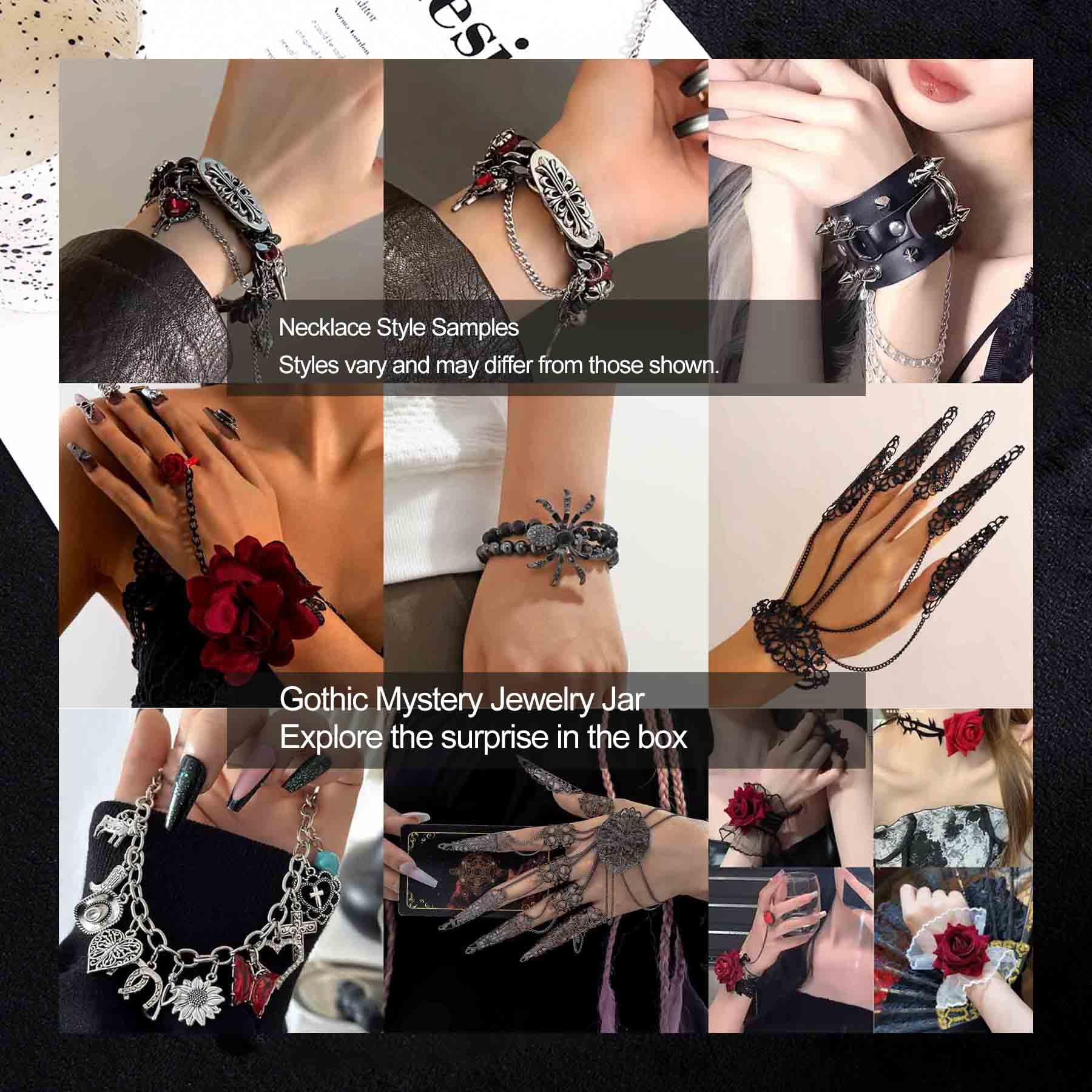 Mystery Jewelry Jar, Surprise Gothic Jewelry Box Sets for Women, Scary Witch Gift with Unique Birthday Halloween Necklaces, Earrings, Rings, Bracelets Skeleton Hair Clips Costume