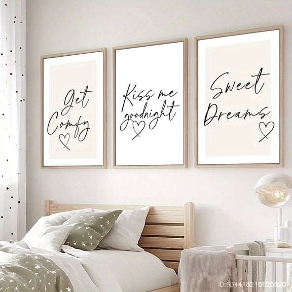3pcs Wall Decor Set - Geometric Framed Canvas Prints with "Get Comforty, " "Kiss Me Goodnight, " "Sweet Dreams" Quotes - Beige, Black & White Minimalist Style, Modern Art for Living Room, Bar, Cafe,