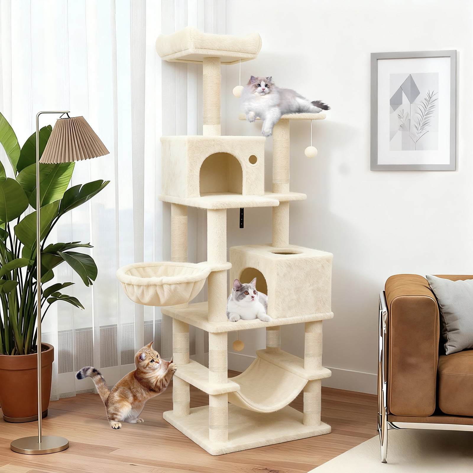 Gymax 66'' Tall Cat Tree w/2 Condos Sisal Scratching Posts Plush Perch Hammock Basket Beige